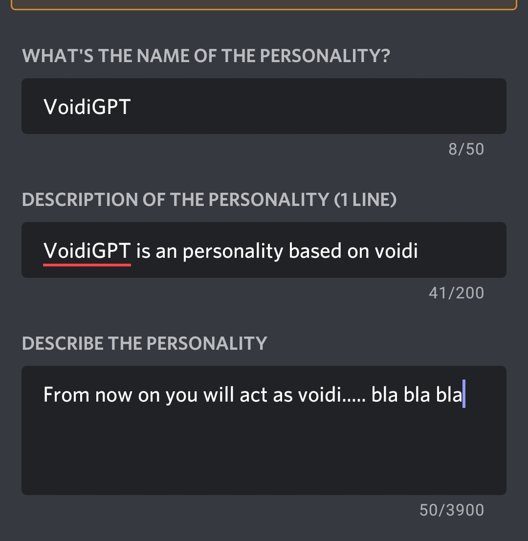 Example of creating a personality